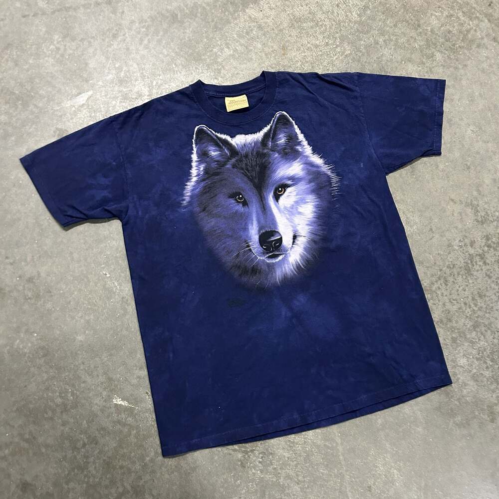 Vintage The Mountain Wolf Face Tie-Dye Blue T-Shirt Size XL